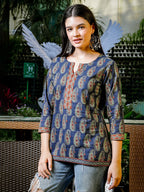 Yufta Blue Cotton Paisley Print Regular Top