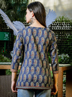 Yufta Blue Cotton Paisley Print Regular Top