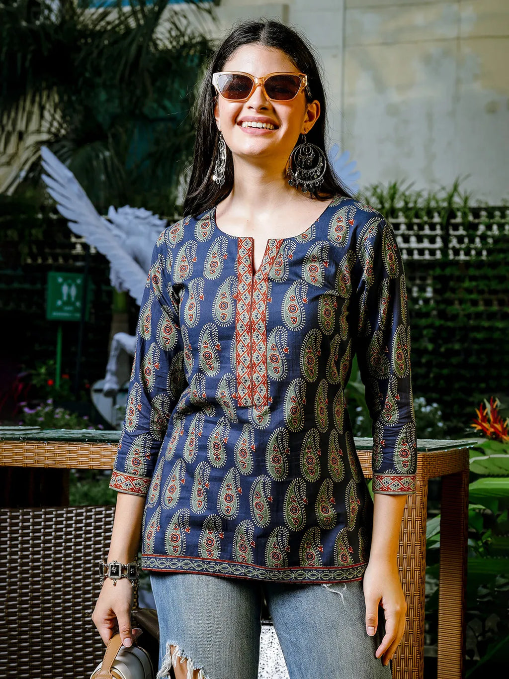 Yufta Blue Cotton Paisley Print Regular Top