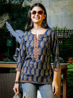 Yufta Blue Cotton Paisley Print Regular Top