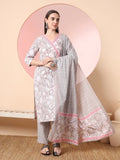 Yufta Grey Pure Cotton Angrakha Kurta Dupatta Pant Set