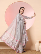 Yufta Grey Pure Cotton Angrakha Kurta Dupatta Pant Set