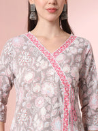 Yufta Grey Pure Cotton Angrakha Kurta Dupatta Pant Set
