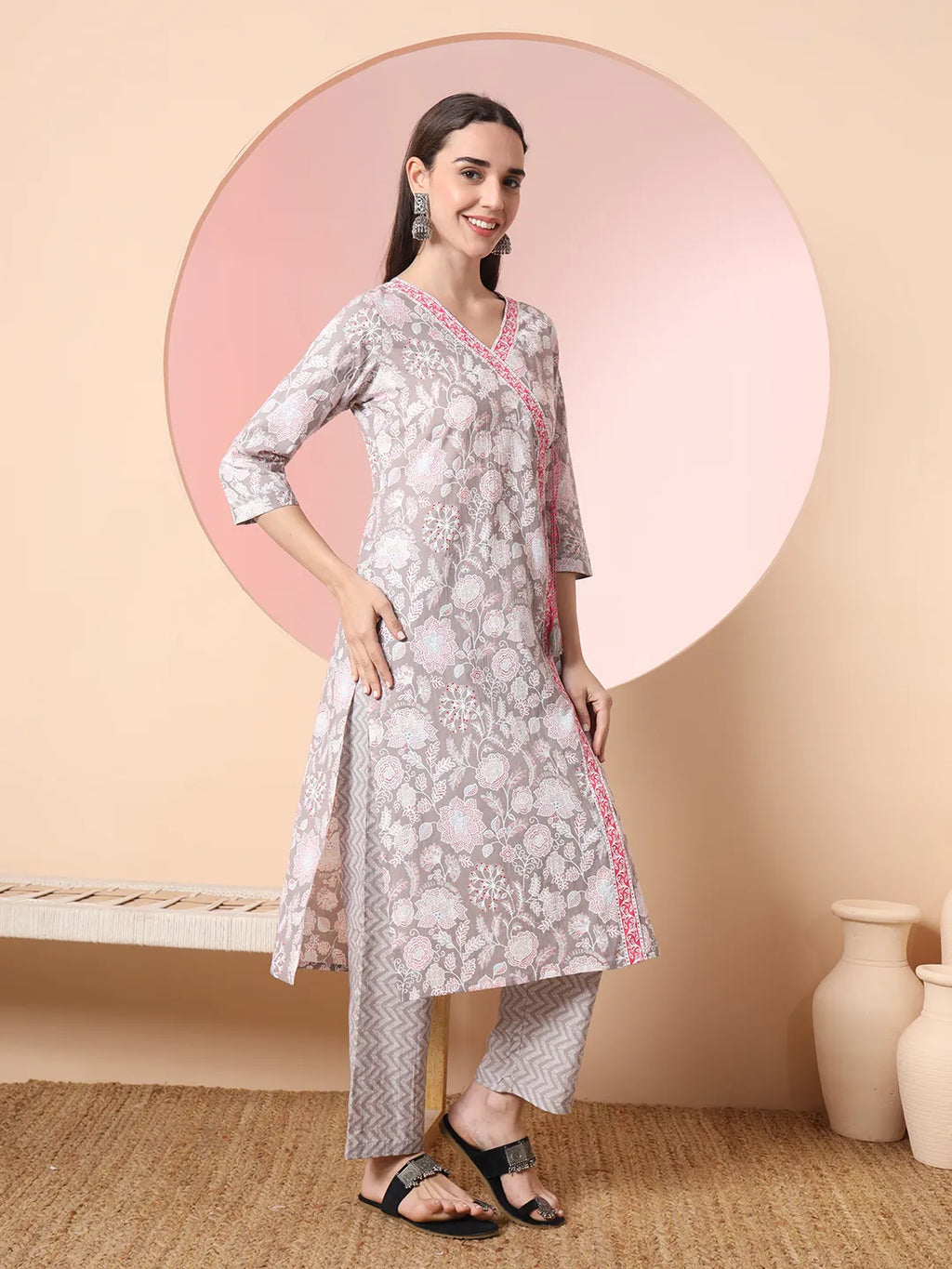 Yufta Grey Pure Cotton Angrakha Kurta Dupatta Pant Set