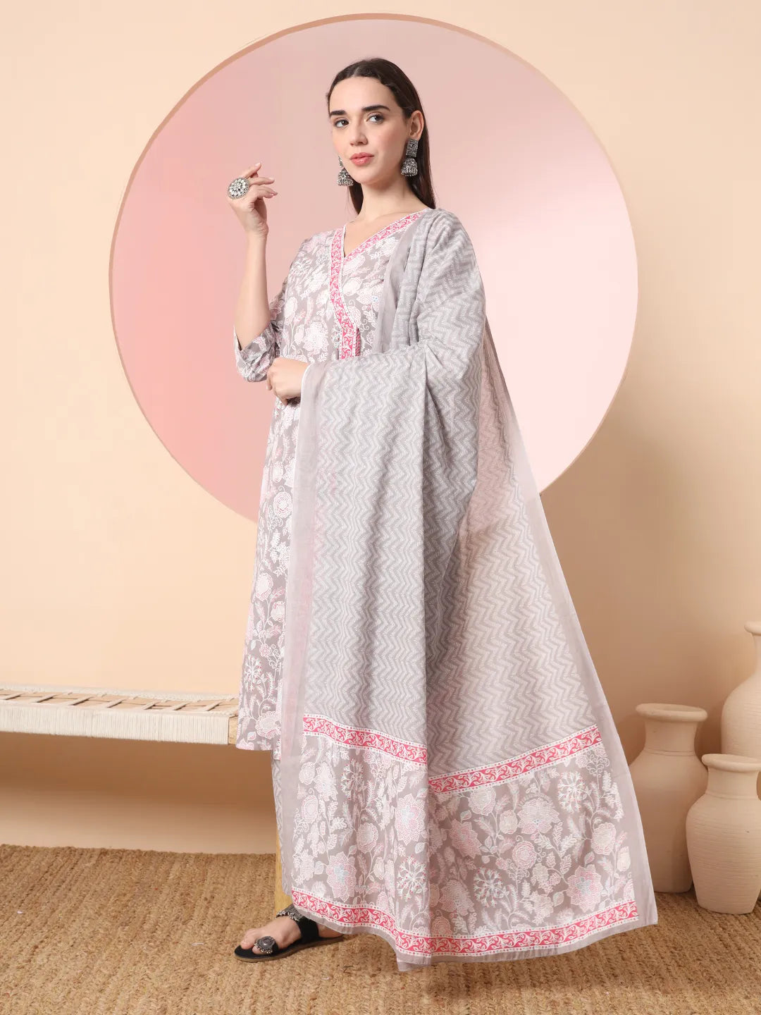 Yufta Grey Pure Cotton Angrakha Kurta Dupatta Pant Set
