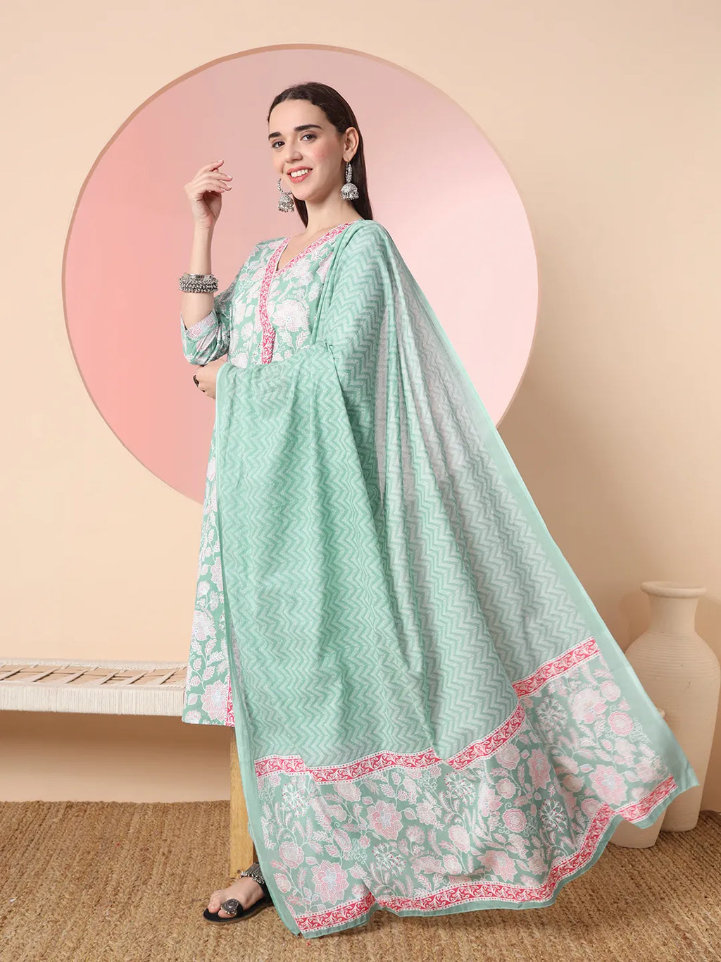 Yufta Sea Green Pure Cotton Angrakha Kurta Dupatta Pant Set