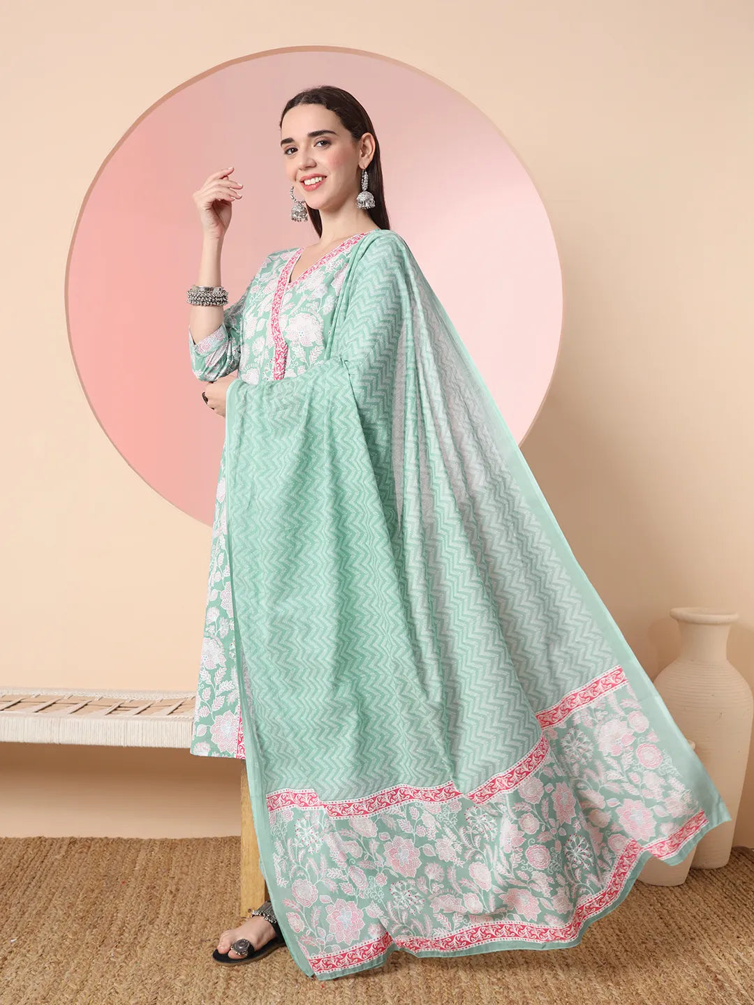 Yufta Sea Green Pure Cotton Angrakha Kurta Dupatta Pant Set