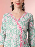 Yufta Sea Green Pure Cotton Angrakha Kurta Dupatta Pant Set