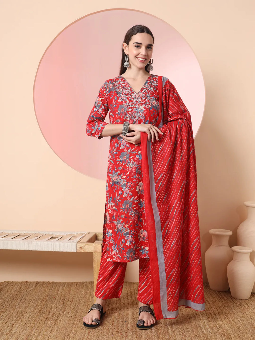 Yufta Red Pure Cotton Thread_Work Straight Kurta Dupatta Pant Set