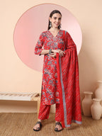 Yufta Red Pure Cotton Thread_Work Straight Kurta Dupatta Pant Set