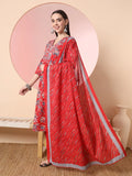 Yufta Red Pure Cotton Thread_Work Straight Kurta Dupatta Pant Set