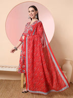 Yufta Red Pure Cotton Thread_Work Straight Kurta Dupatta Pant Set
