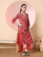 Yufta Red Pure Cotton Thread_Work Straight Kurta Dupatta Pant Set