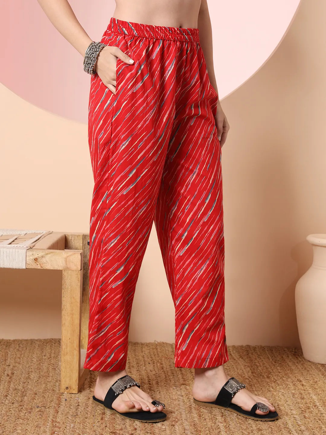 Yufta Red Pure Cotton Thread_Work Straight Kurta Dupatta Pant Set