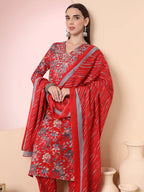 Yufta Red Pure Cotton Thread_Work Straight Kurta Dupatta Pant Set
