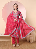 Yufta Pink Pure Cotton Thread_Work Straight Kurta Dupatta Pant Set