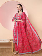 Yufta Pink Pure Cotton Thread_Work Straight Kurta Dupatta Pant Set