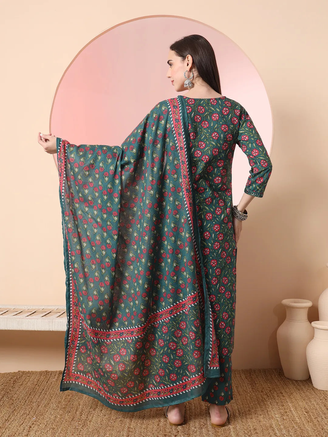 Yufta Green Floral Embroidered Kurta with Trousers with dupatta Set - Distacart