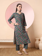 Yufta Green Floral Embroidered Kurta with Trousers with dupatta Set - Distacart