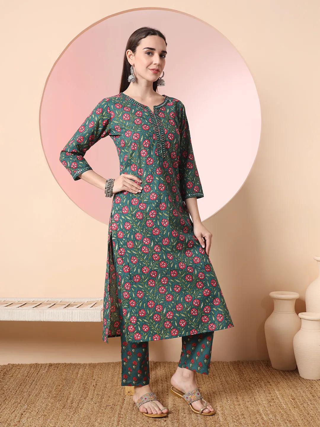 Yufta Green Floral Embroidered Kurta with Trousers with dupatta Set - Distacart