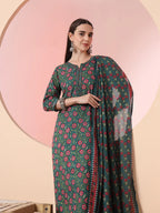 Yufta Green Floral Embroidered Kurta with Trousers with dupatta Set - Distacart
