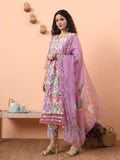 Yufta White And Purple Floral Sequins Work Aline Kurta Trouser Dupatta Set