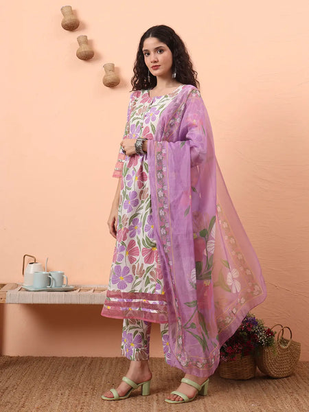 Yufta White And Purple Floral Sequins Work Aline Kurta Trouser Dupatta Set