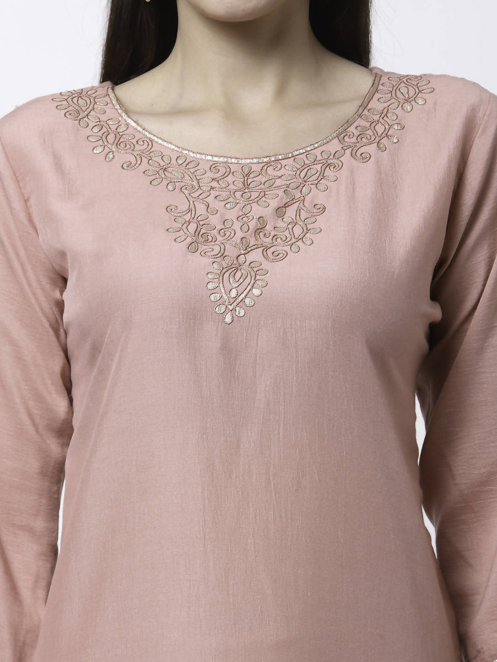 Myshka Women Peach Silk Blend Embroidered 3/4 Sleeve Round Neck Kurta Pant Dupatta Set