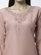Myshka Women Peach Silk Blend Embroidered 3/4 Sleeve Round Neck Kurta Pant Dupatta Set