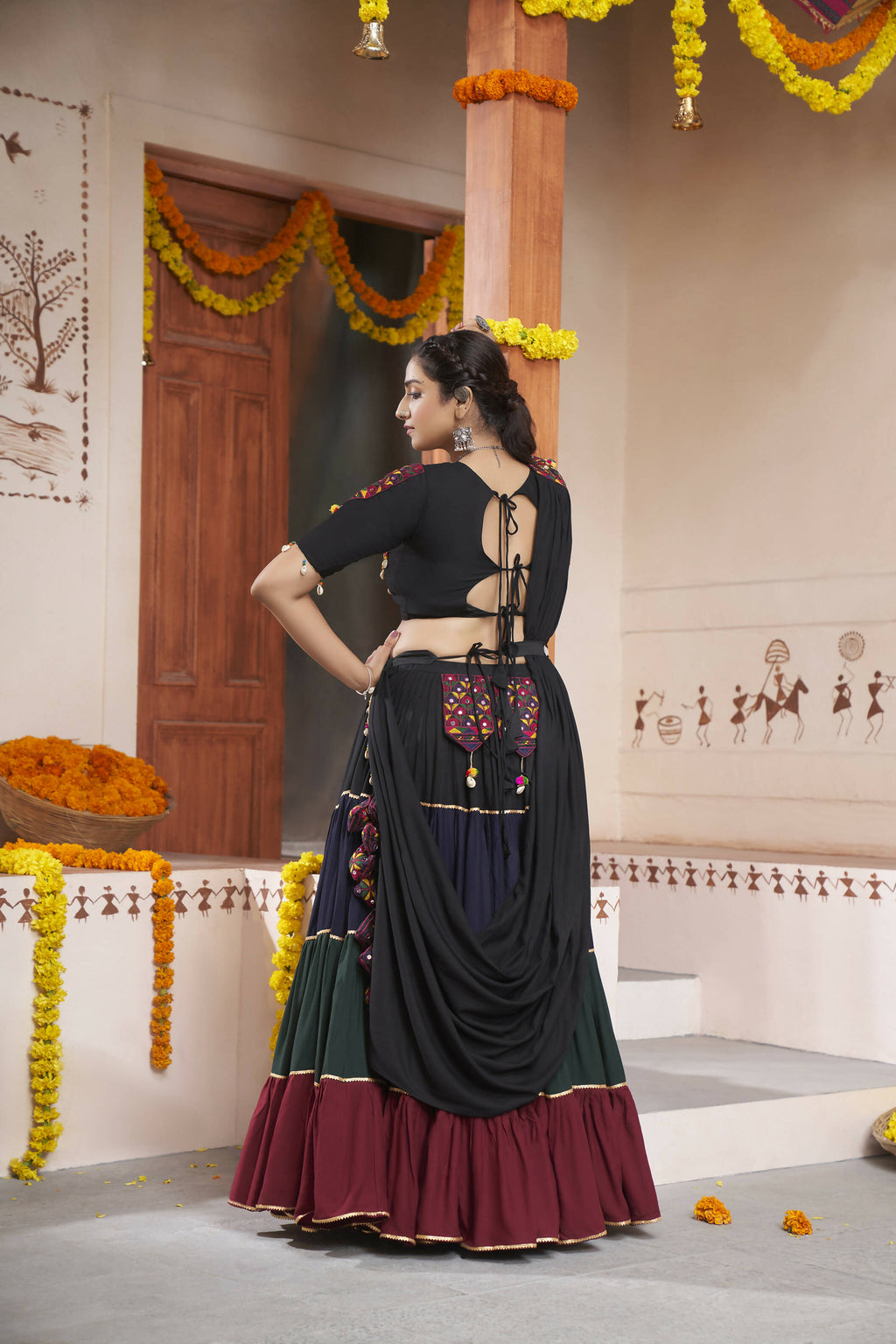 Multi Color Viscose Rayon Thread Embroidery with mirror work Navratri Lehenga Choli with Dupatta - Raas