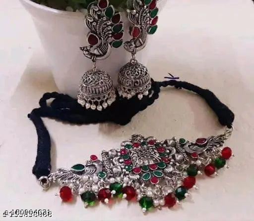Tehzeeb Creations Women's Oxidised Multi Colour Meenakari Necklace Set