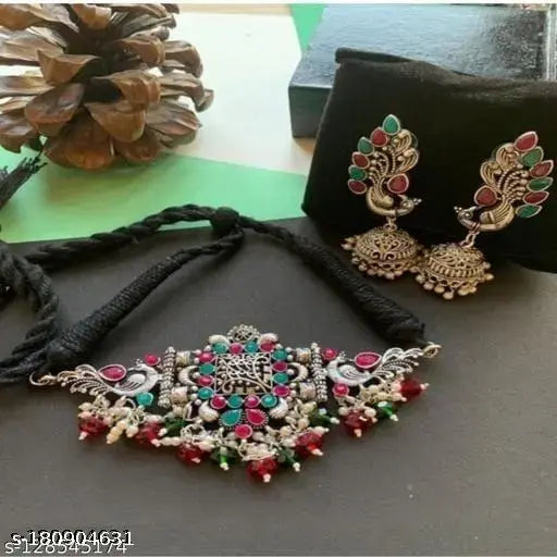 Tehzeeb Creations Women's Oxidised Multi Colour Meenakari Necklace Set