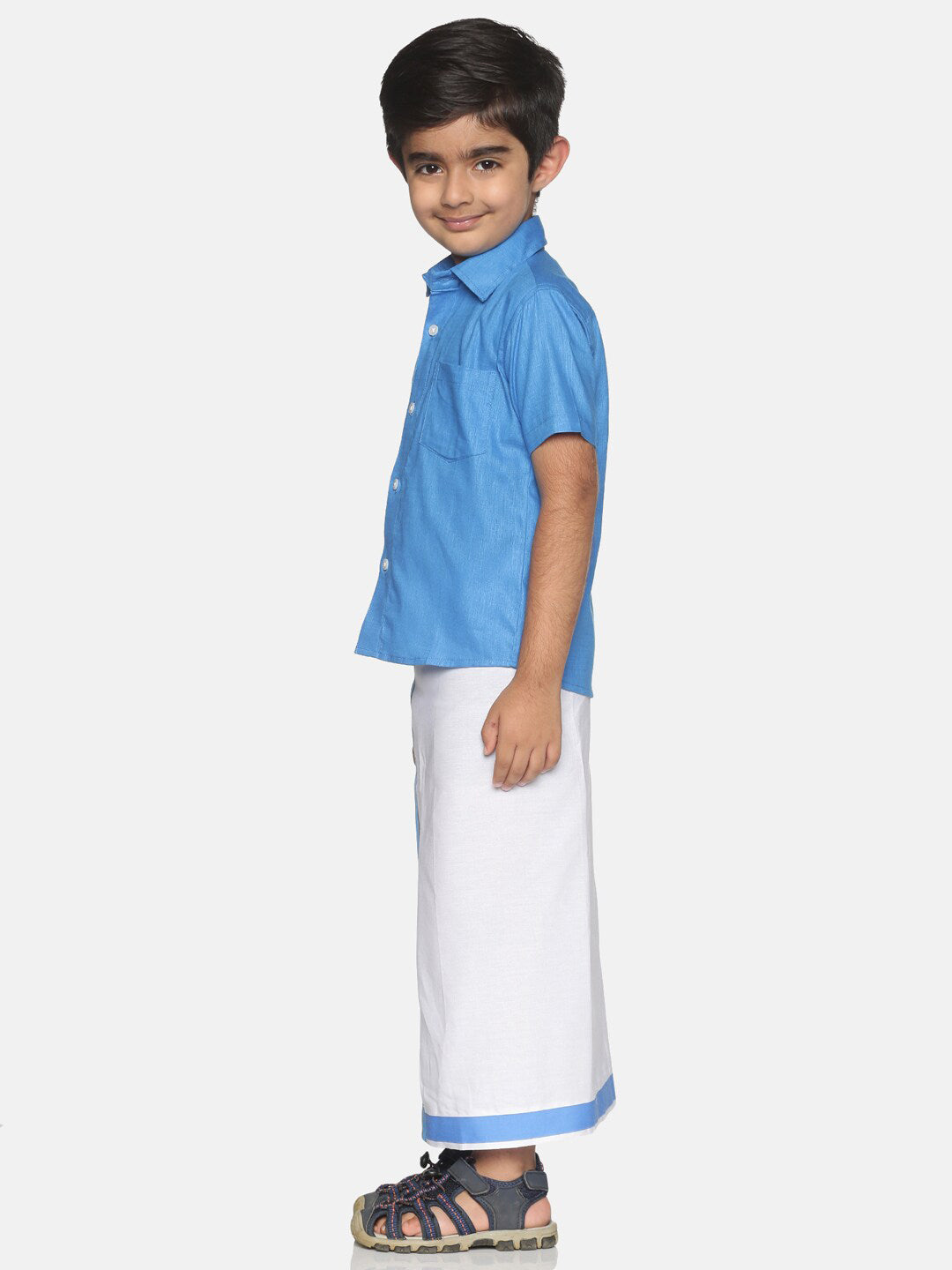 Sethukrishna Boys Blue & White Solid Shirt and Veshti Set