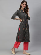 Aks Floral Embroidered Mandarin Collar Thread Work Detailed Straight Kurta with Trousers