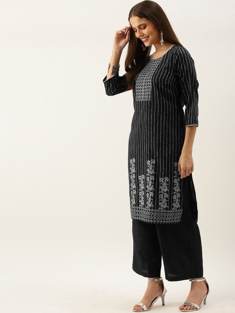 All About You Women Black & Grey Striped Keyhole Neck Kurta with Palazzos & Dupatta