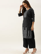 All About You Women Black & Grey Striped Keyhole Neck Kurta with Palazzos & Dupatta