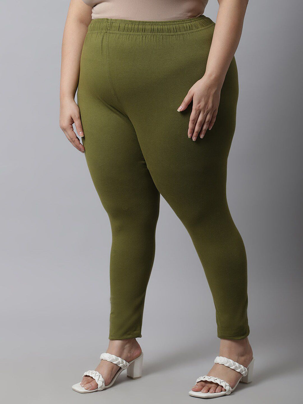 TAG 7 Women Plus Size Olive Green Solid Ankle-Length Plus Size Leggings