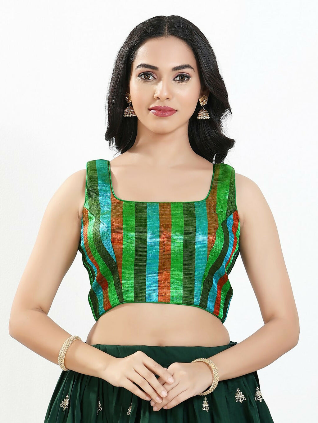 Joban Fashion Green Multi Brocade Padded Blouse With Square Neck Sleeveless - Distacart