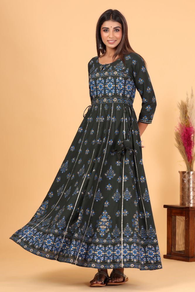 Kaajh Women's Green Gold Print Embellishment Anarkali Kurta - Distacart