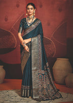 Joban Fashion Teal Blue Art Silk With Fine Viscose Border Ajrak Full Body Print With Soft Finish Saree - Distacart