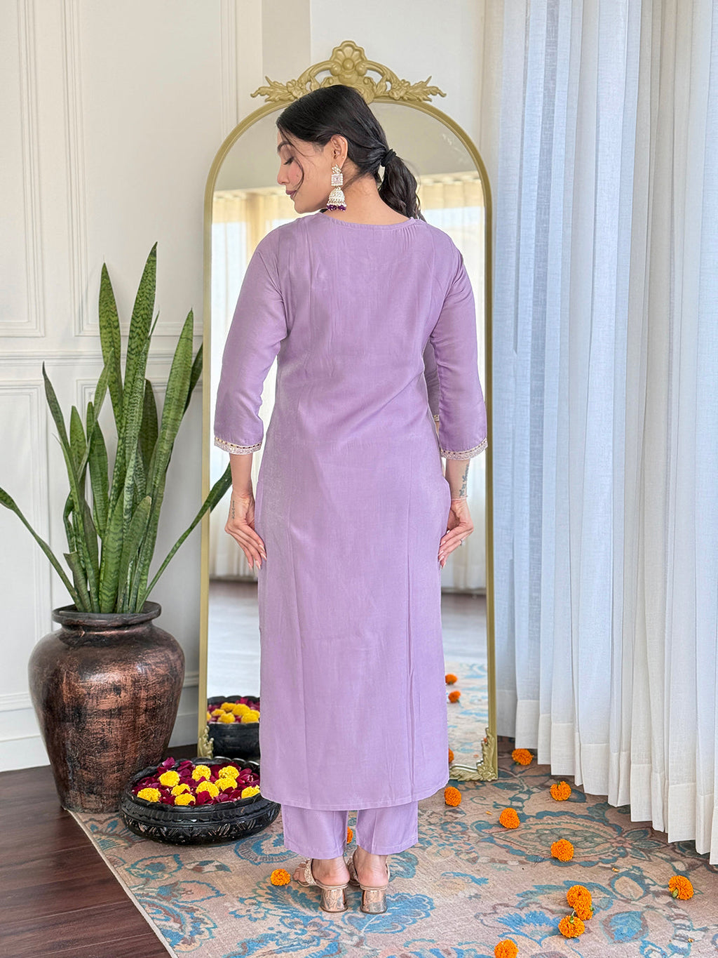 The52 Women's Lavender Embroidered Viscose Fabric Straight Kurta, Pant and Dupatta Set - Distacart