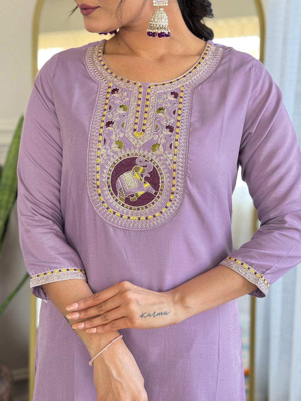The52 Women's Lavender Embroidered Viscose Fabric Straight Kurta, Pant and Dupatta Set - Distacart