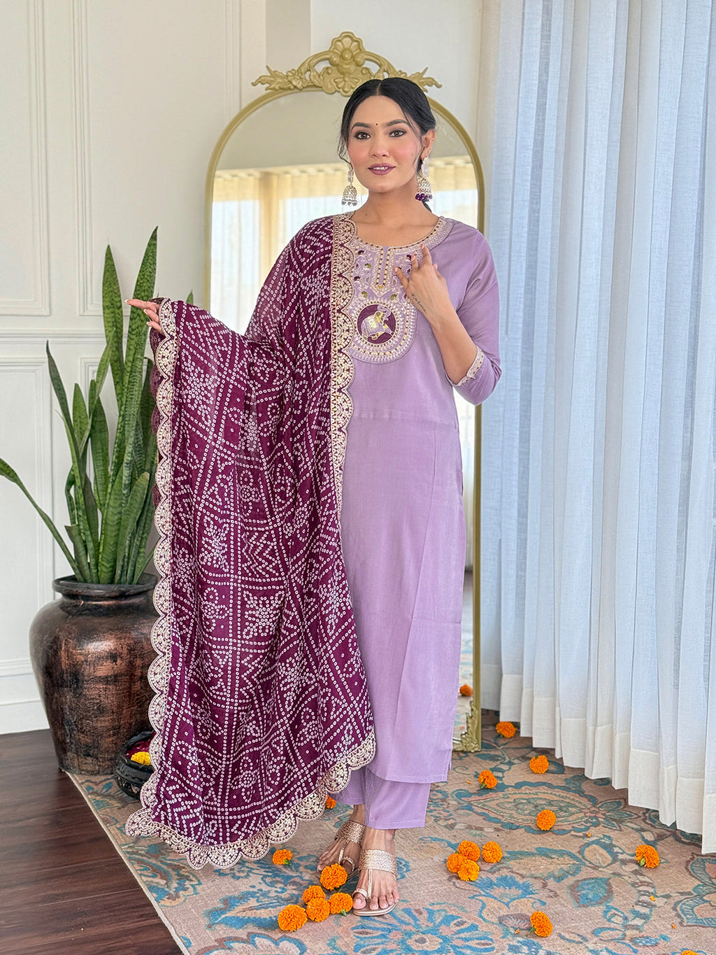 The52 Women's Lavender Embroidered Viscose Fabric Straight Kurta, Pant and Dupatta Set - Distacart
