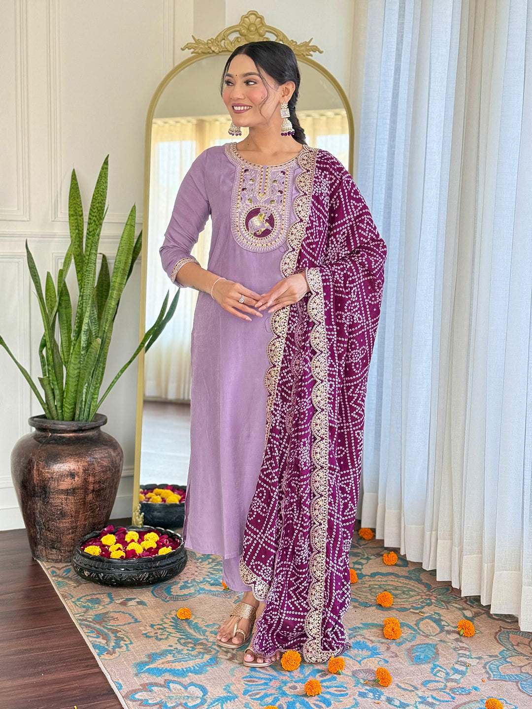 The52 Women's Lavender Embroidered Viscose Fabric Straight Kurta, Pant and Dupatta Set - Distacart