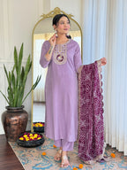 The52 Women's Lavender Embroidered Viscose Fabric Straight Kurta, Pant and Dupatta Set - Distacart