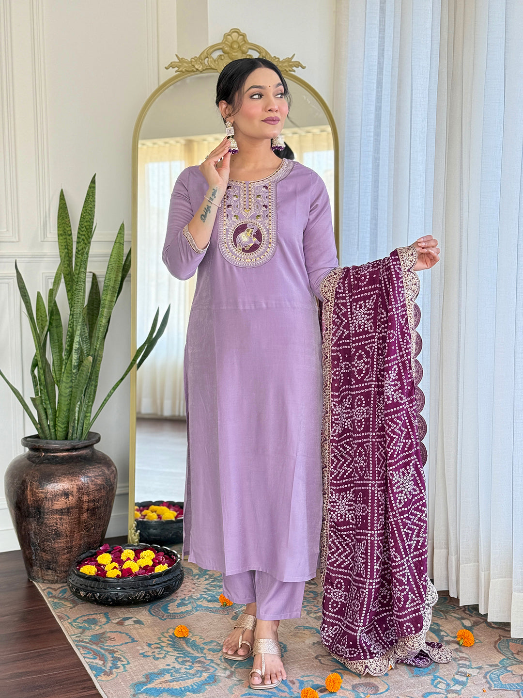 The52 Women's Lavender Embroidered Viscose Fabric Straight Kurta, Pant and Dupatta Set - Distacart