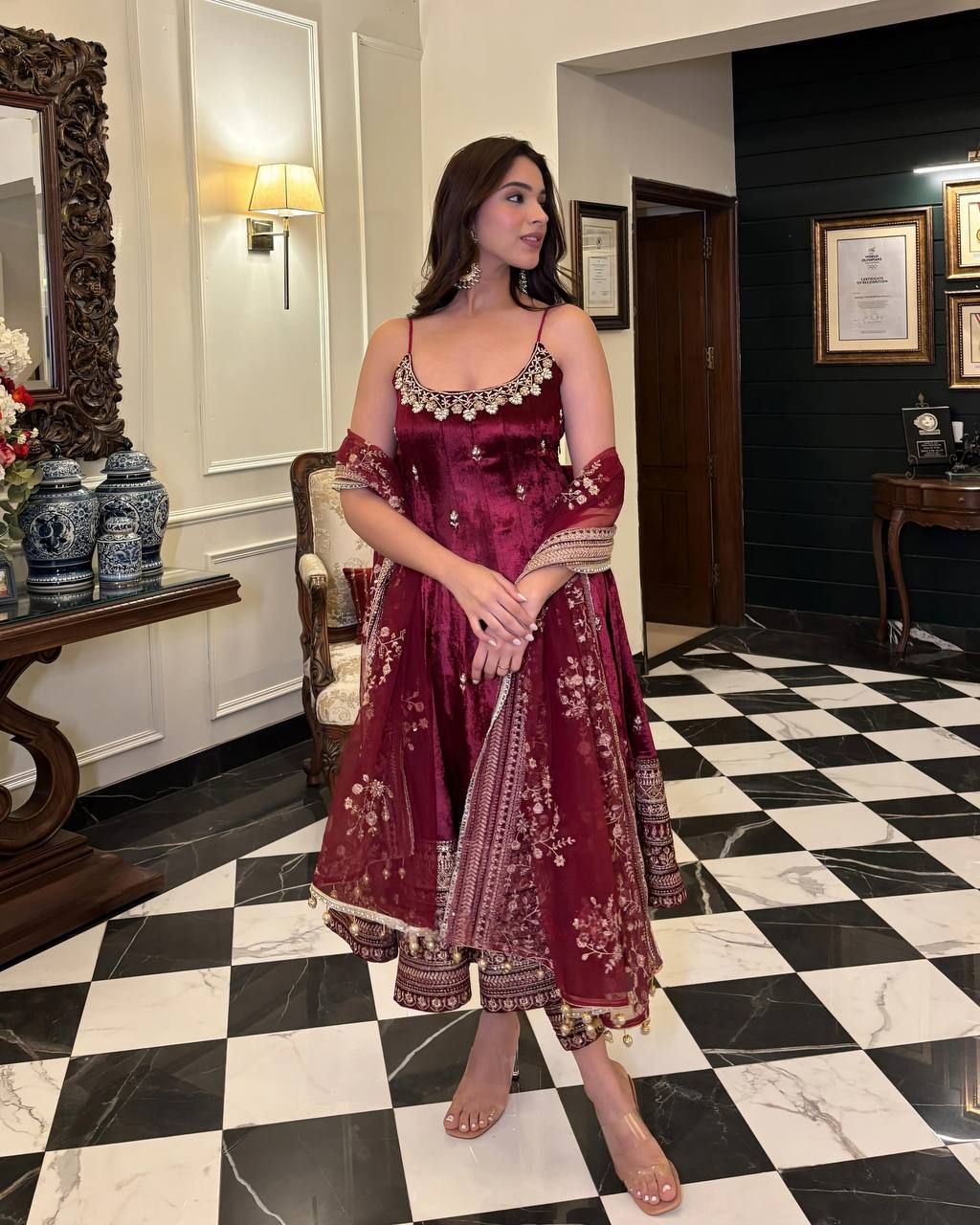 Yash Enterprise Maroon Vichitra Silk Embroidery Party Wear Uit Set - Distacart