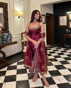 Yash Enterprise Maroon Vichitra Silk Embroidery Party Wear Uit Set - Distacart