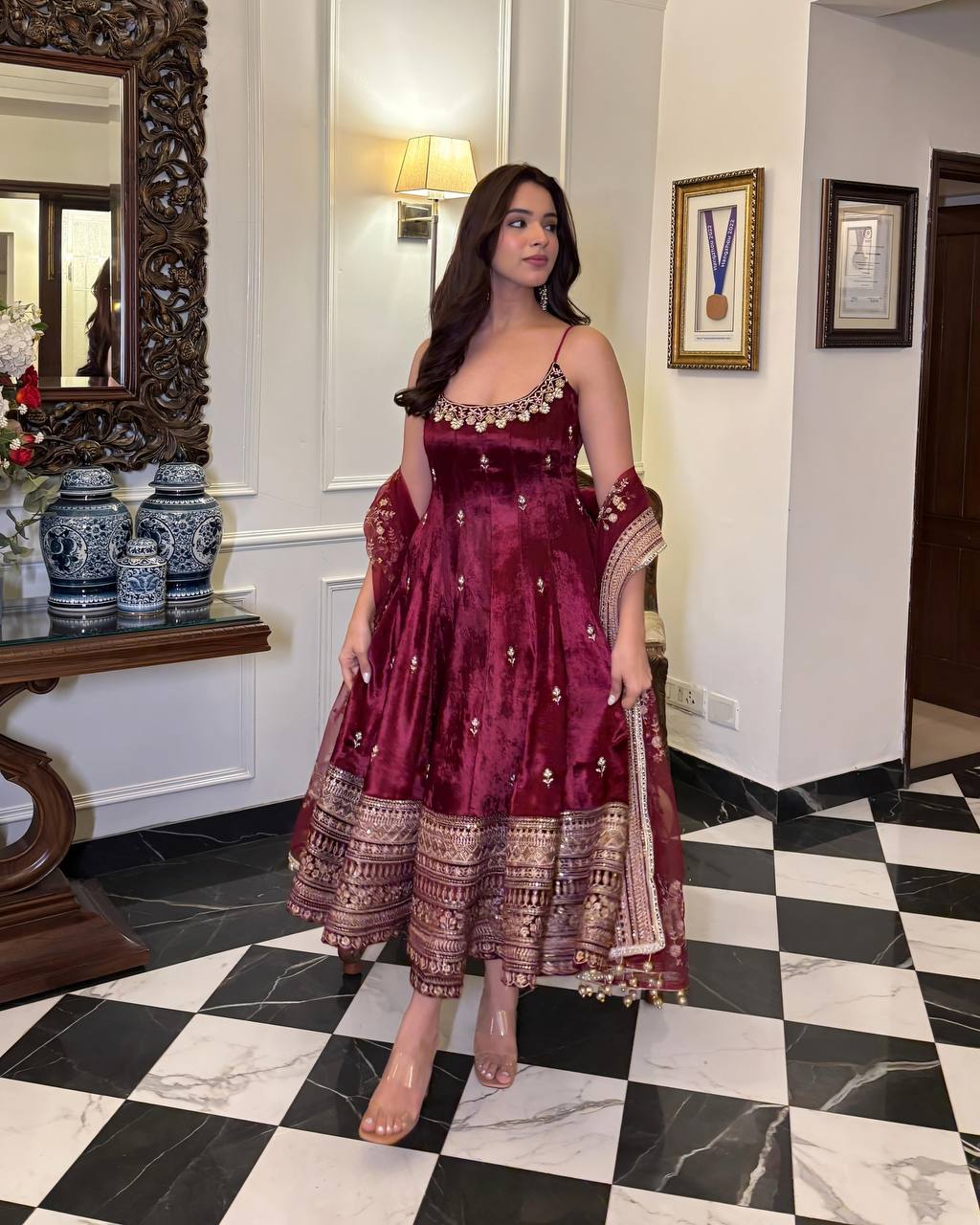 Yash Enterprise Maroon Vichitra Silk Embroidery Party Wear Uit Set - Distacart