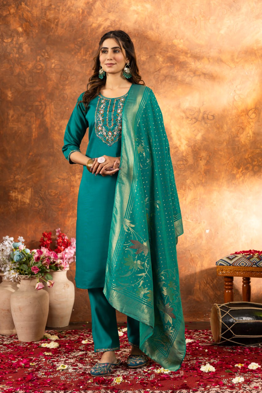 Pramukh Fab Sea Green Color Marina Silk Kurta Set - Distacart